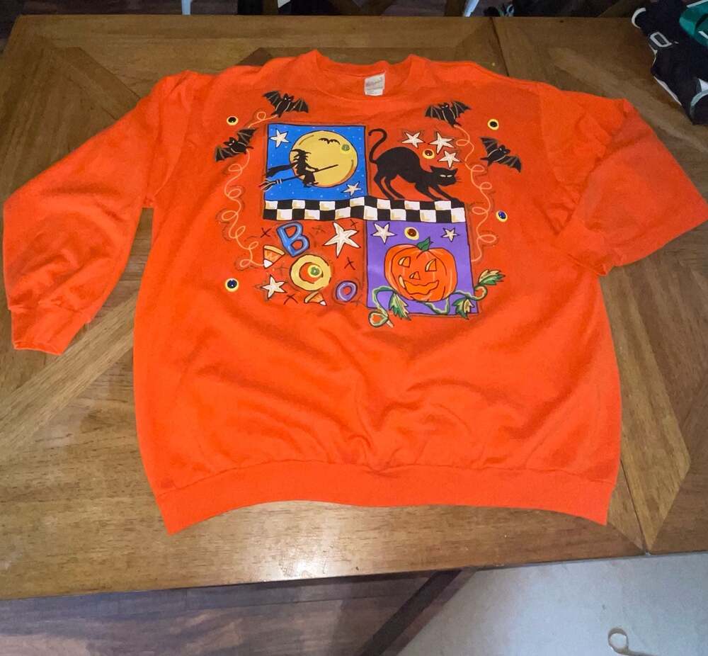 Vintage 90s Halloween Sweatshirt Wetpaint Black Cat Witch Pumpkin Oversized USA